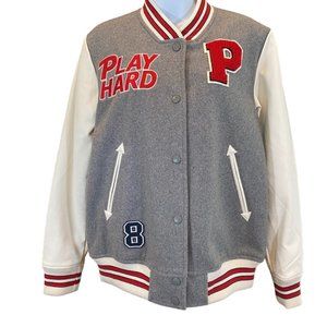 NEW Forever 21 Play Hard Baseball Bomber Jacket Grey White Red Sz S #04